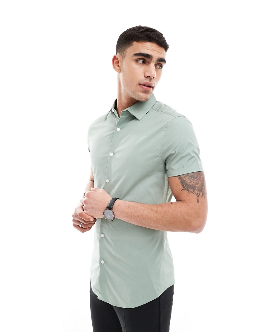 Asos Design Skinny Fit Shirt With Roll Sleeves In Sage Green