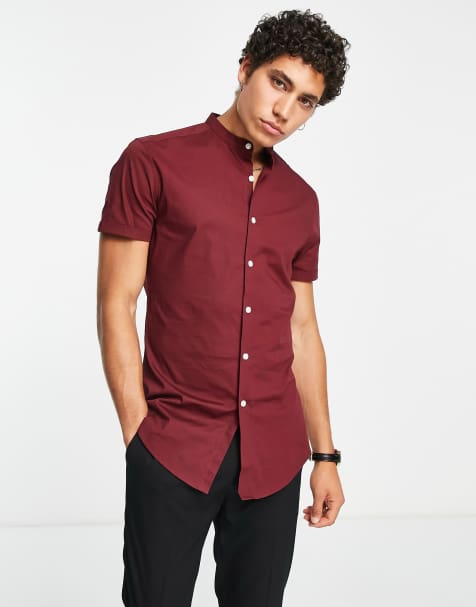 ASOS DESIGN - Skinny Fit-skjorte med grandad-krave i bordeaux - view 1