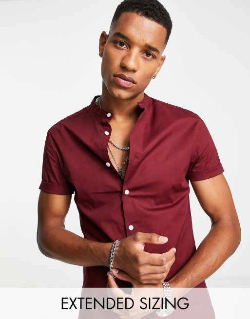 ASOS DESIGN - Skinny Fit-skjorte med grandad-krave i bordeaux