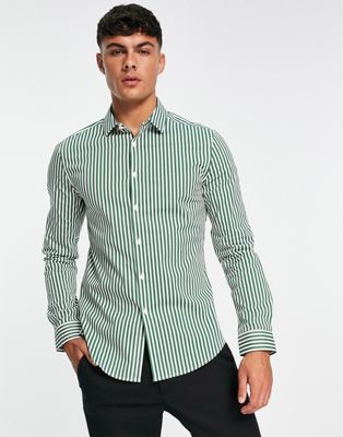 ASOS DESIGN skinny fit stripe shirt in dark green - ASOS Price Checker