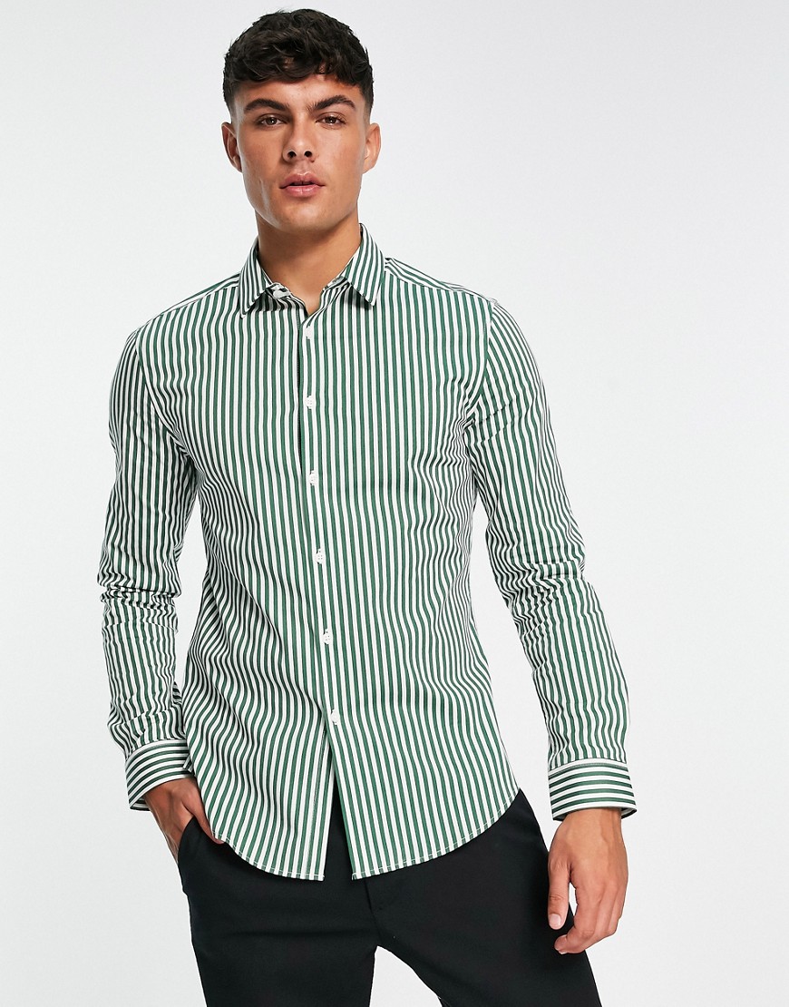 ASOS DESIGN skinny fit stripe shirt in dark green