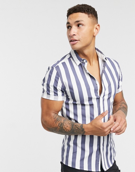 ASOS DESIGN skinny fit stripe shirt in grey and white