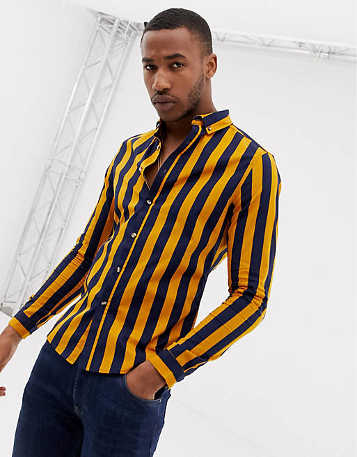 ASOS DESIGN skinny fit stripe shirt in navy & mustard | ASOS