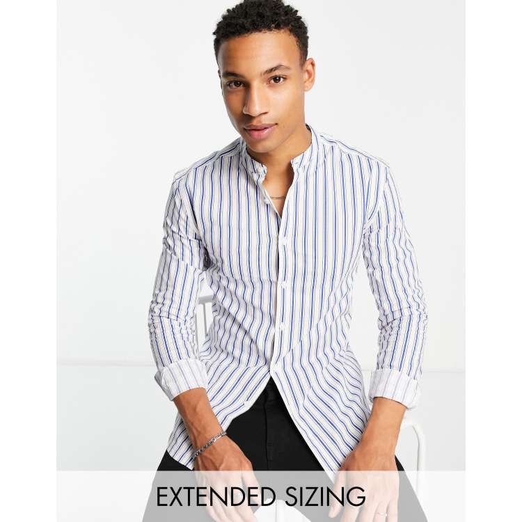 ASOS DESIGN skinny fit stripe shirt with grandad collar in blue | ASOS