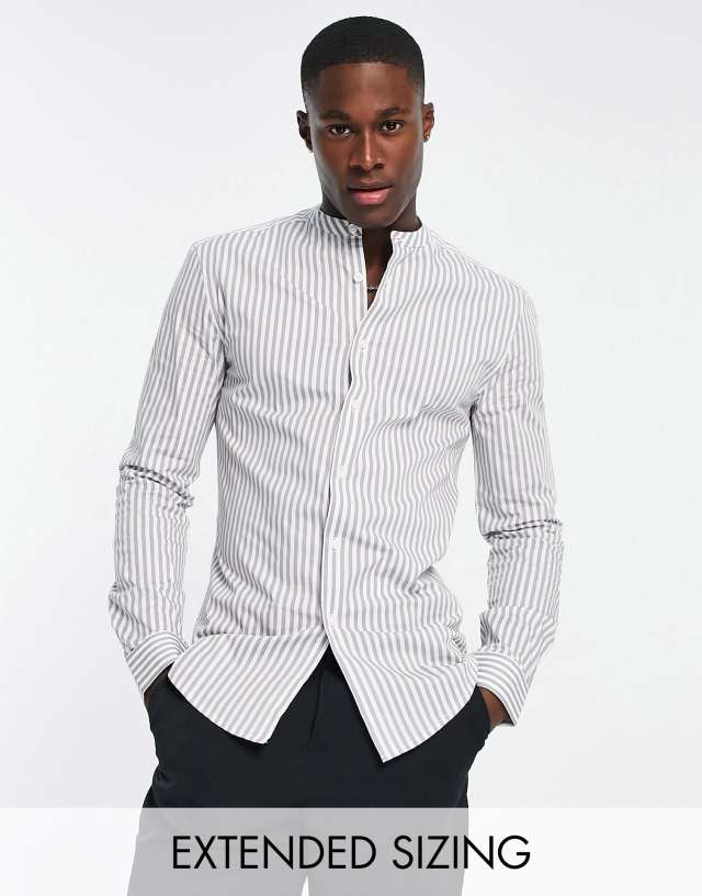 ASOS DESIGN skinny fit stripe shirt with grandad collar in gray