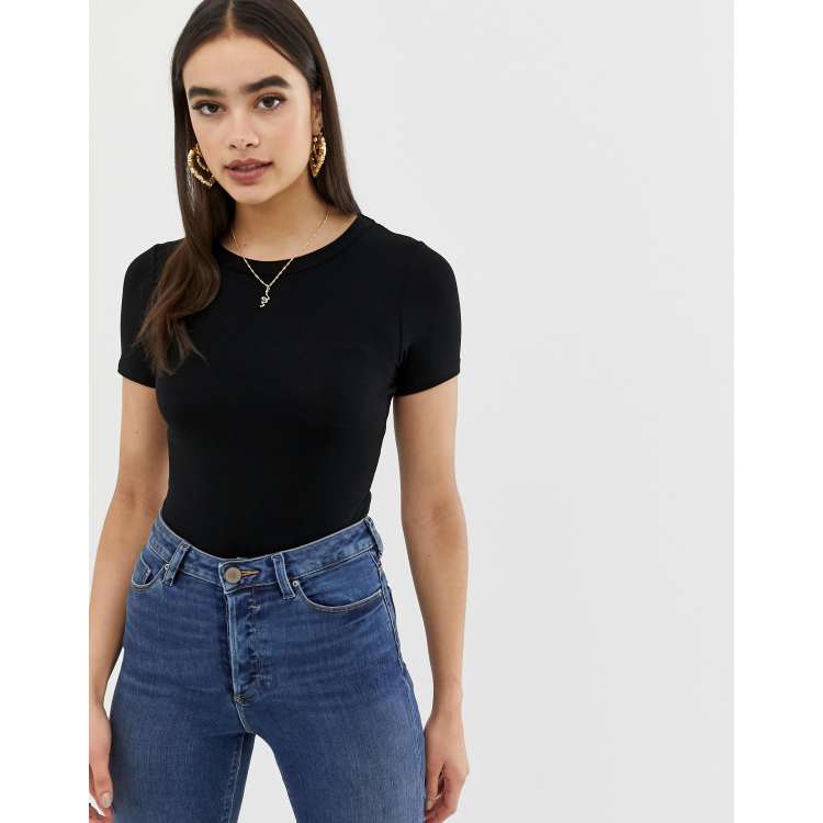 ASOS DESIGN skinny fit t-shirt bodysuit in rib in black