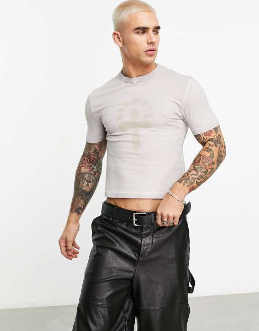 ASOS DESIGN skinny fit t-shirt in beige with cross chest print