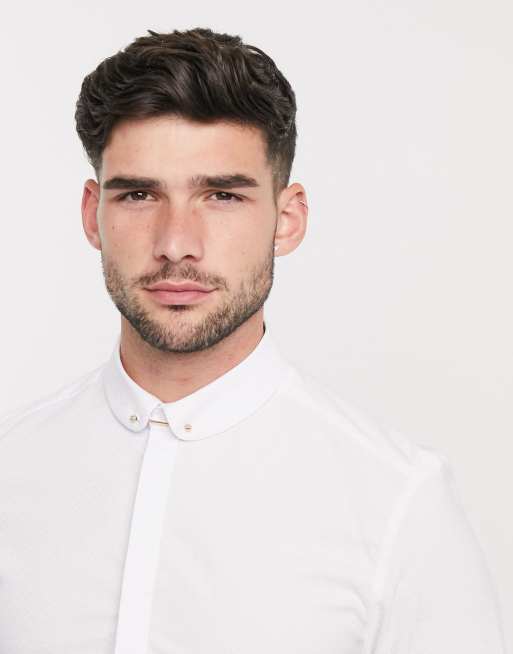 ASOS DESIGN skinny fit textured penny collar shirt with collar bar in ...