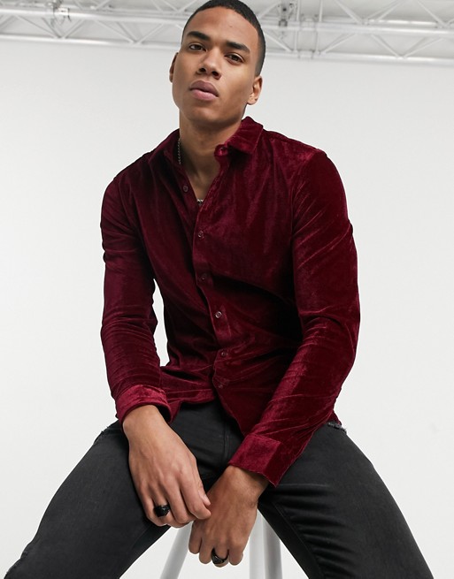 ASOS DESIGN skinny fit velvet shirt in burgundy