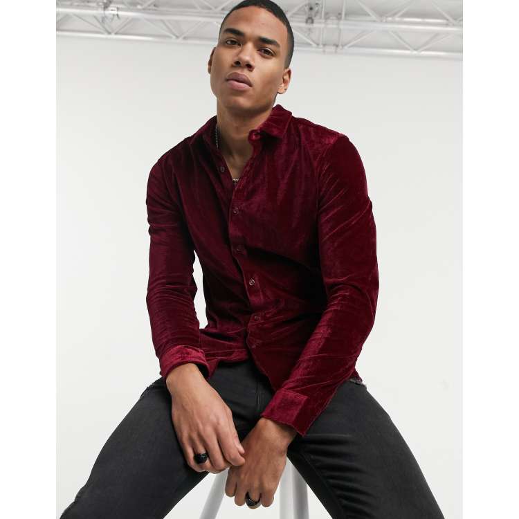 ASOS DESIGN skinny fit velvet shirt in burgundy