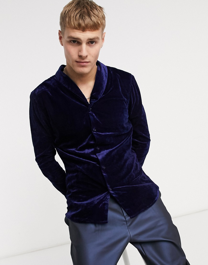 ASOS DESIGN skinny fit velvet shirt with shawl collar in navy