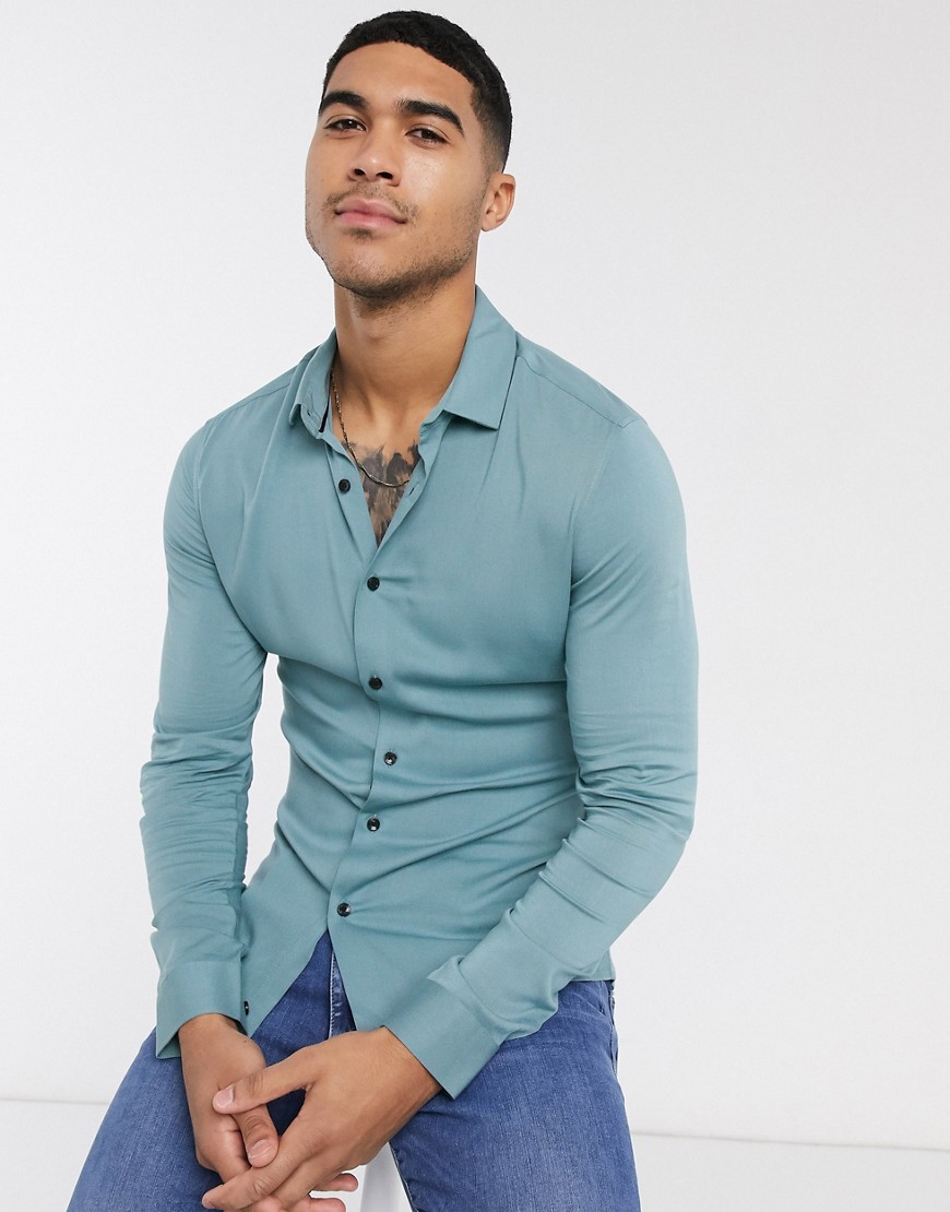 ASOS DESIGN - Skinny-fit viscose overhemd in groenblauw