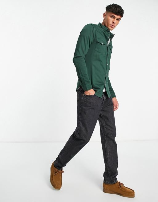 Denim shirt and sale green pants