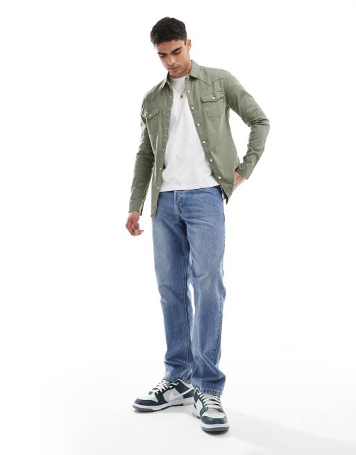 Olive green best sale denim shirt mens