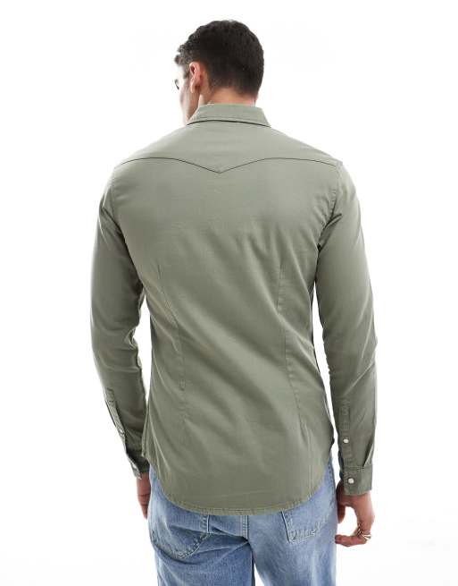 ASOS DESIGN skinny fit western denim shirt in green, 3 of 4