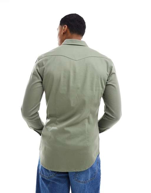 ASOS DESIGN skinny fit western denim shirt in green, 3 of 4