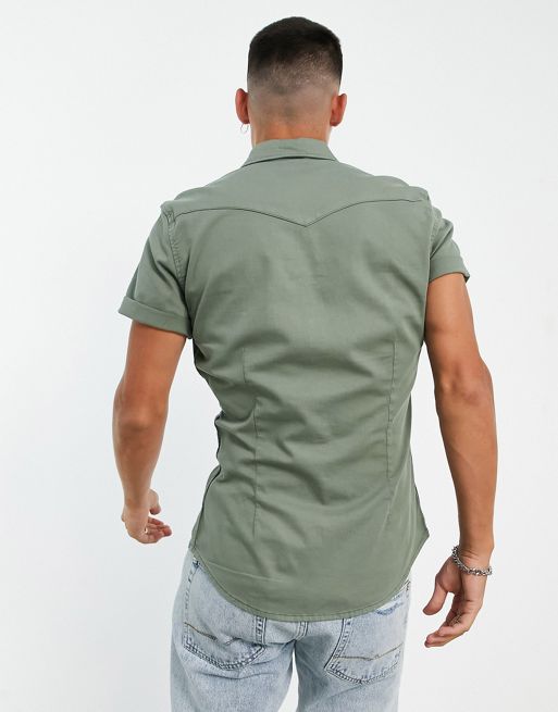 ASOS DESIGN skinny fit western denim shirt in sage green