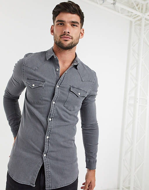 Shirts skinny fit western denim shirt in grey 