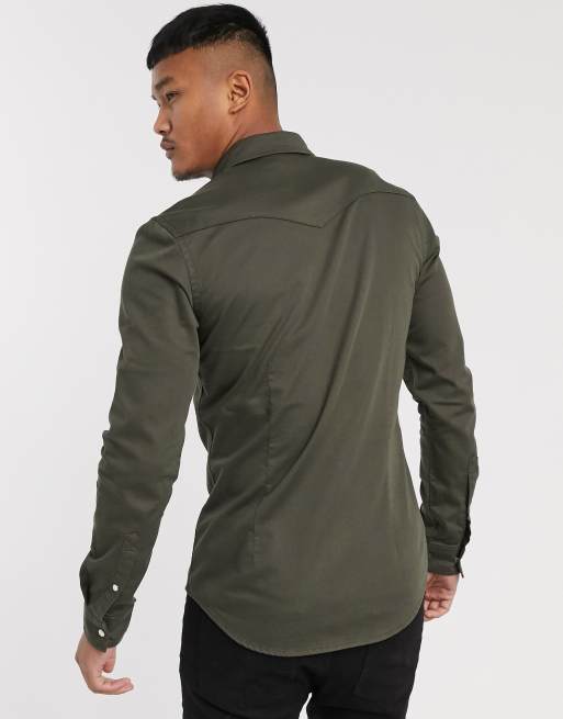 ASOS DESIGN skinny fit western denim shirt in khaki, 2 of 4