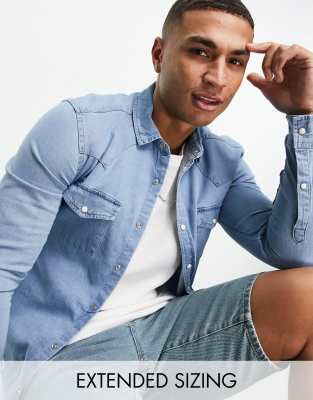 skinny fit western denim shirt in light wash blue