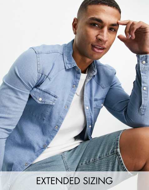 ASOS DESIGN skinny fit western denim shirt in light wash blue - view 1