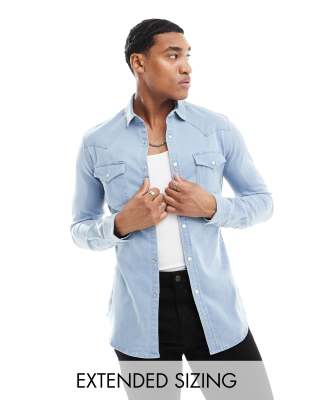 ASOS DESIGN skinny fit western denim shirt in light wash blue