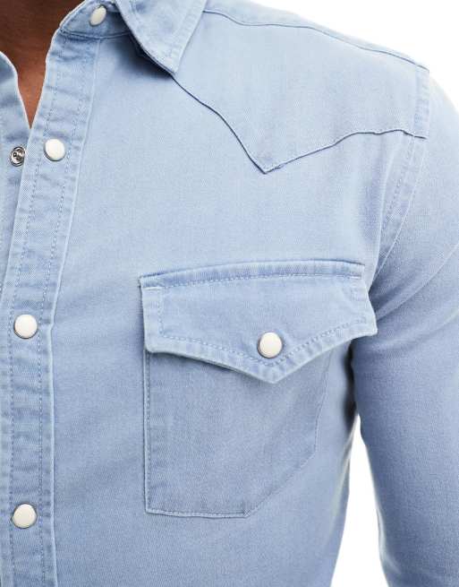 ASOS DESIGN skinny fit western denim shirt in light wash blue, 2 of 4