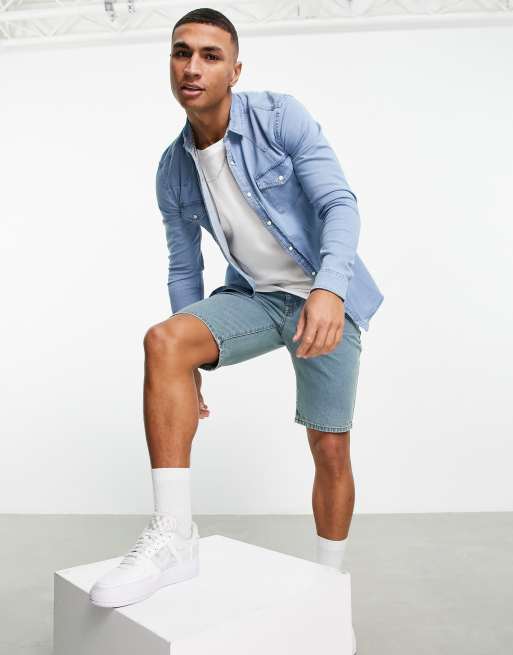 Denim shirt best sale and shorts outfit