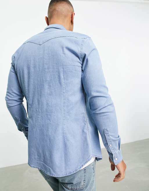 ASOS DESIGN skinny fit western denim shirt in light wash blue