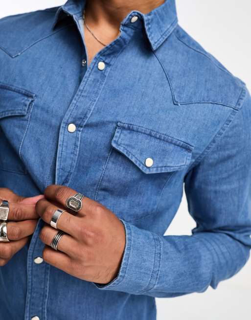 ASOS DESIGN skinny fit western denim shirt in mid wash, 3 of 4