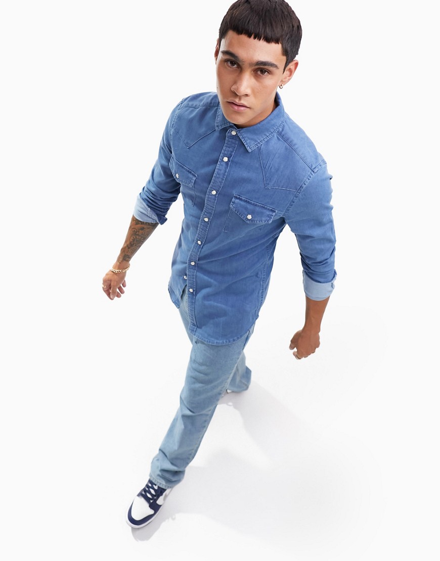 ASOS DESIGN skinny fit western denim shirt in mid wash-Blue