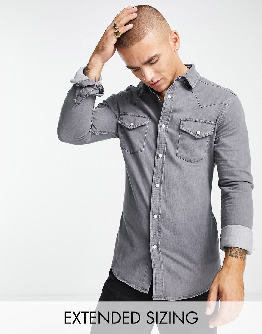 ASOS DESIGN skinny fit western denim shirt in washed black-Gray