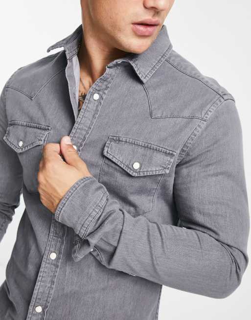 ASOS DESIGN skinny fit western denim shirt in washed black, 3 of 4