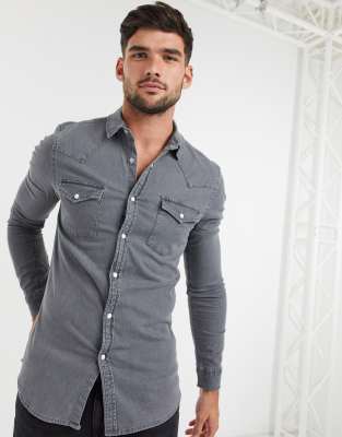 ASOS DESIGN skinny fit western organic denim shirt in gray