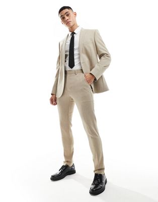 ASOS DESIGN skinny fit wool mix suit trousers in camel basketweave