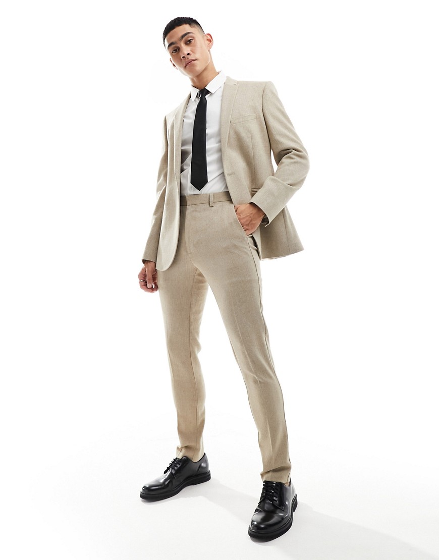 ASOS DESIGN skinny fit wool mix suit trousers in camel basketweave-Neutral