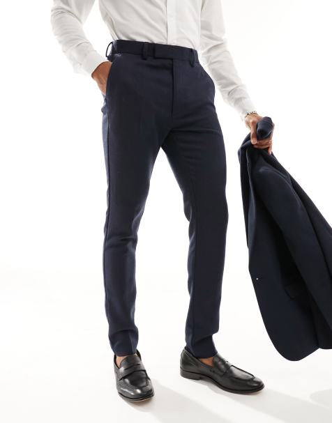 ASOS DESIGN skinny fit wool mix suit trousers in navy wide herringbone - view 1