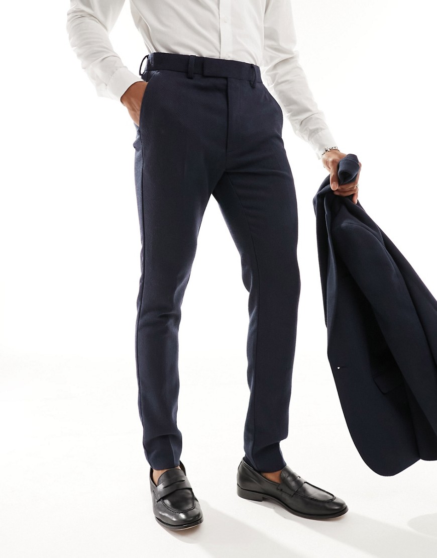 ASOS DESIGN skinny fit wool mix suit trousers in navy wide herringbone