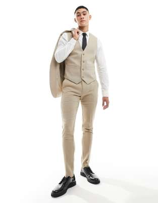 ASOS DESIGN ASOS DESIGN skinny fit wool mix suit waistcoat in camel basketweave-Neutral
