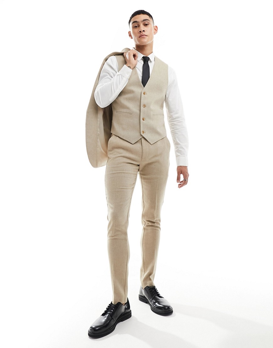 ASOS DESIGN skinny fit wool mix suit waistcoat in camel basketweave-Neutral