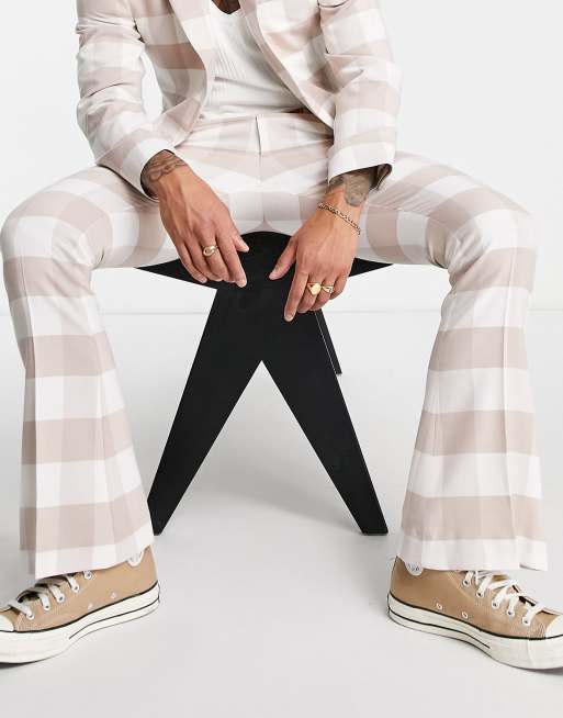 ASOS DESIGN skinny flare suit pants in beige buffalo plaid