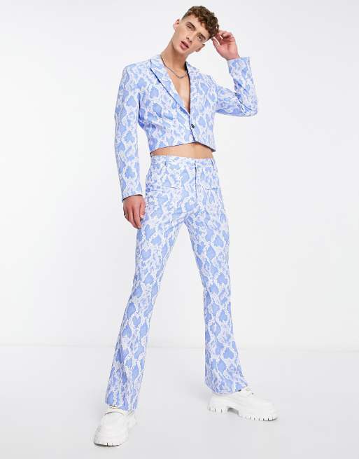 ASOS DESIGN skinny flare suit pants in snake print in blue