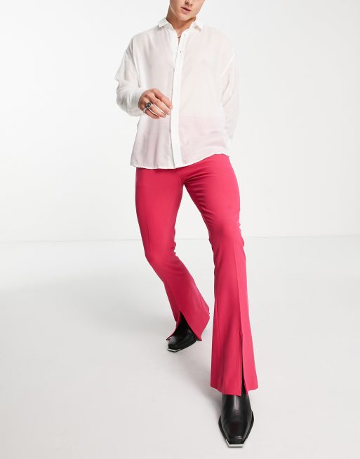 ASOS DESIGN skinny flared pants with extreme hem slit in raspberry pink