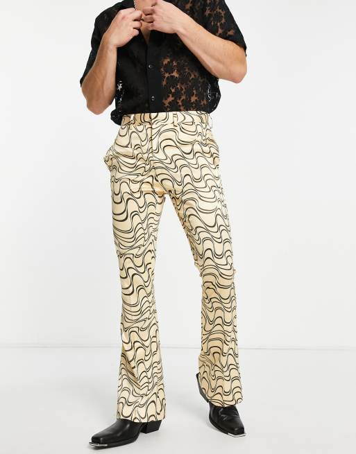 ASOS DESIGN skinny flared smart pants in brown squiggle print satin ASOS
