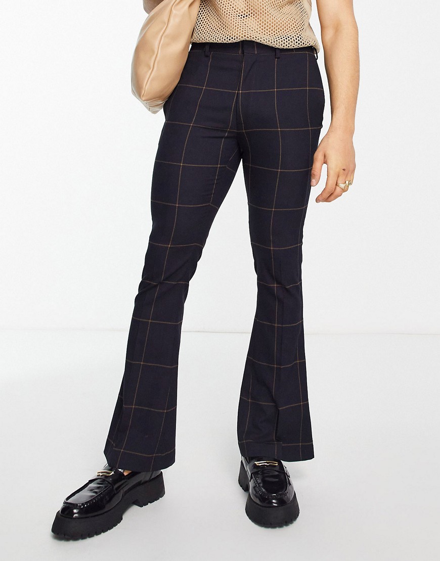 ASOS DESIGN skinny flared smart pants in navy and rust windowpane check
