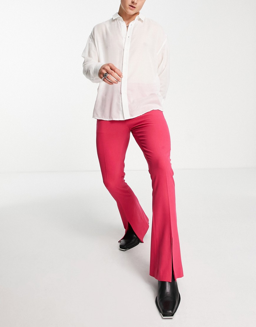 ASOS DESIGN skinny flared trousers with extreme hem split in raspberry pink