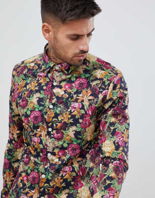 ASOS DESIGN skinny floral shirt in navy