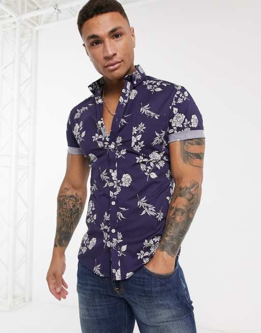 ASOS DESIGN skinny floral shirt in navy | ASOS