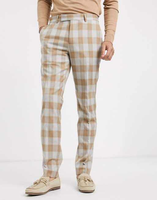 ASOS DESIGN - Skinny geruite pantalon van wolmix in camel met grijs