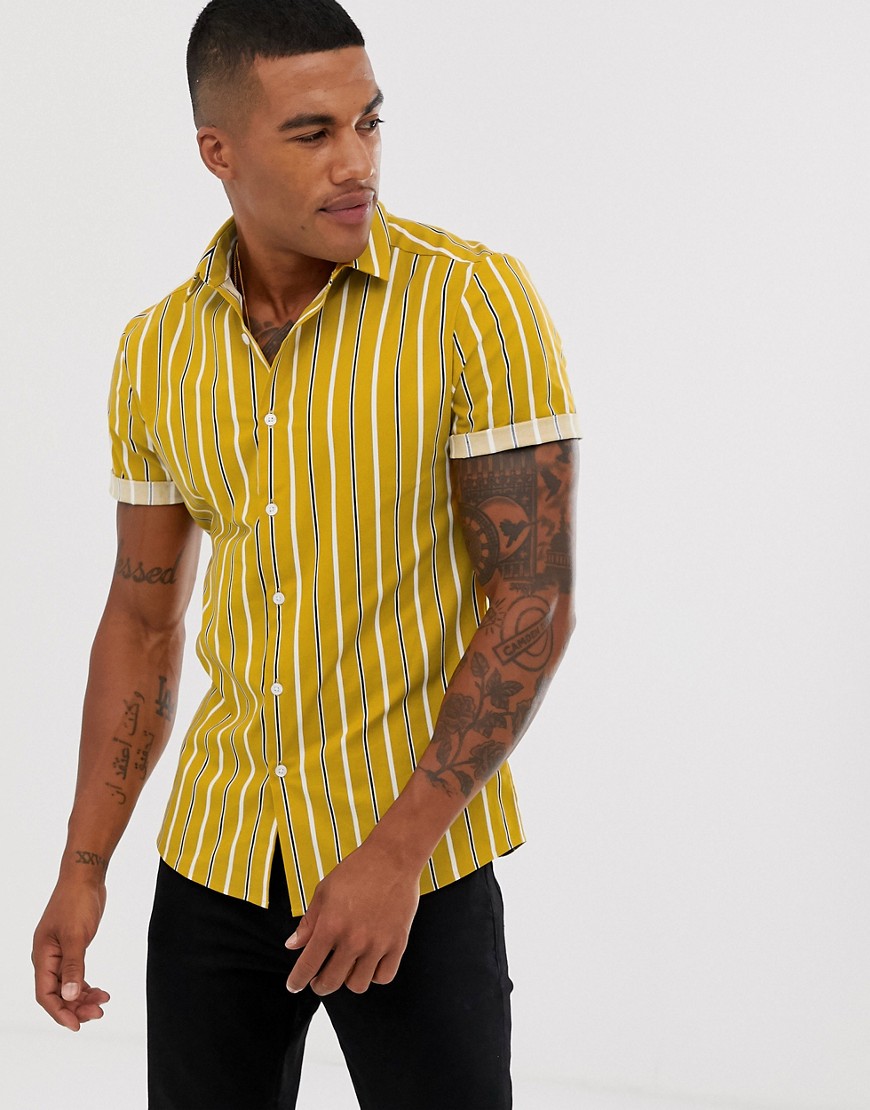 ASOS DESIGN - Skinny gestreept overhemd in mosterdgeel
